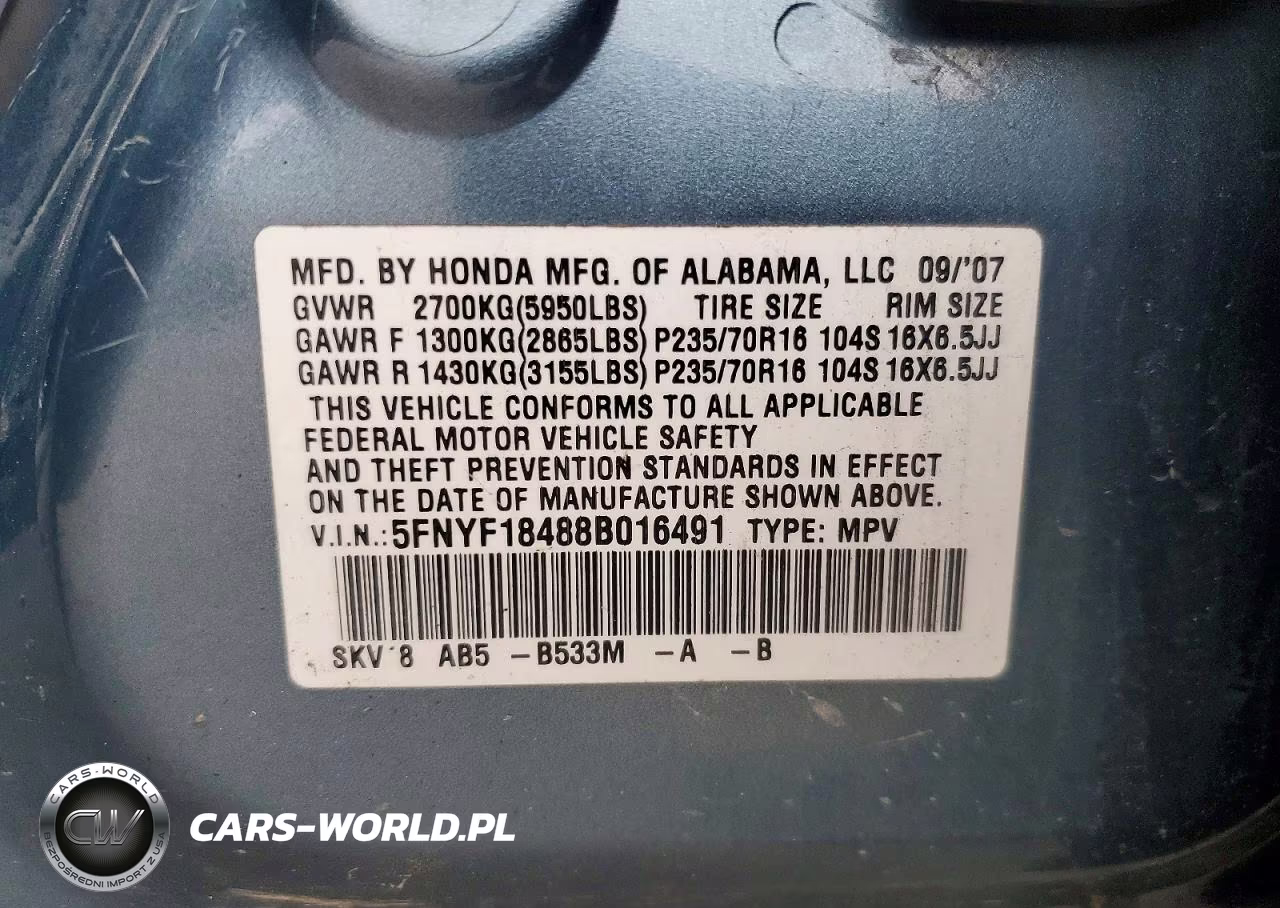 2008 Honda Pilot Ex VIN:5FNYF18488B016491 - 13