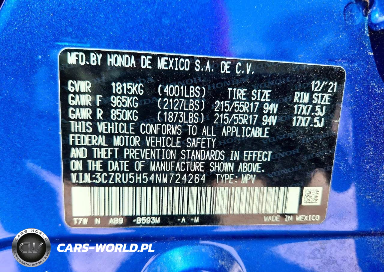 2022 Honda Hr-V Ex VIN:3CZRU5H54NM724264 - 13