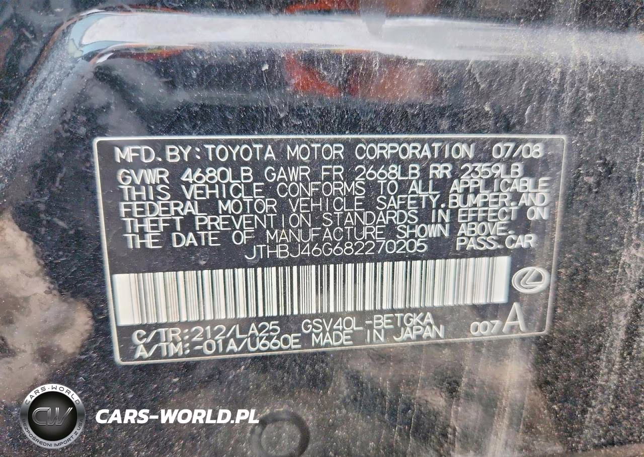 2008 Lexus Es 350 VIN:JTHBJ46G682270205 - 13