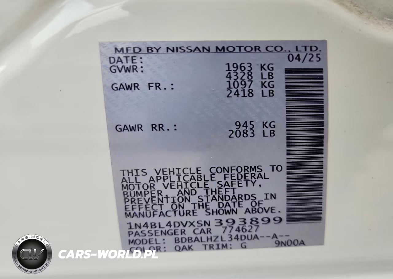 2025 Nissan Altima Sv VIN:1N4BL4DVXSN393899 - 13