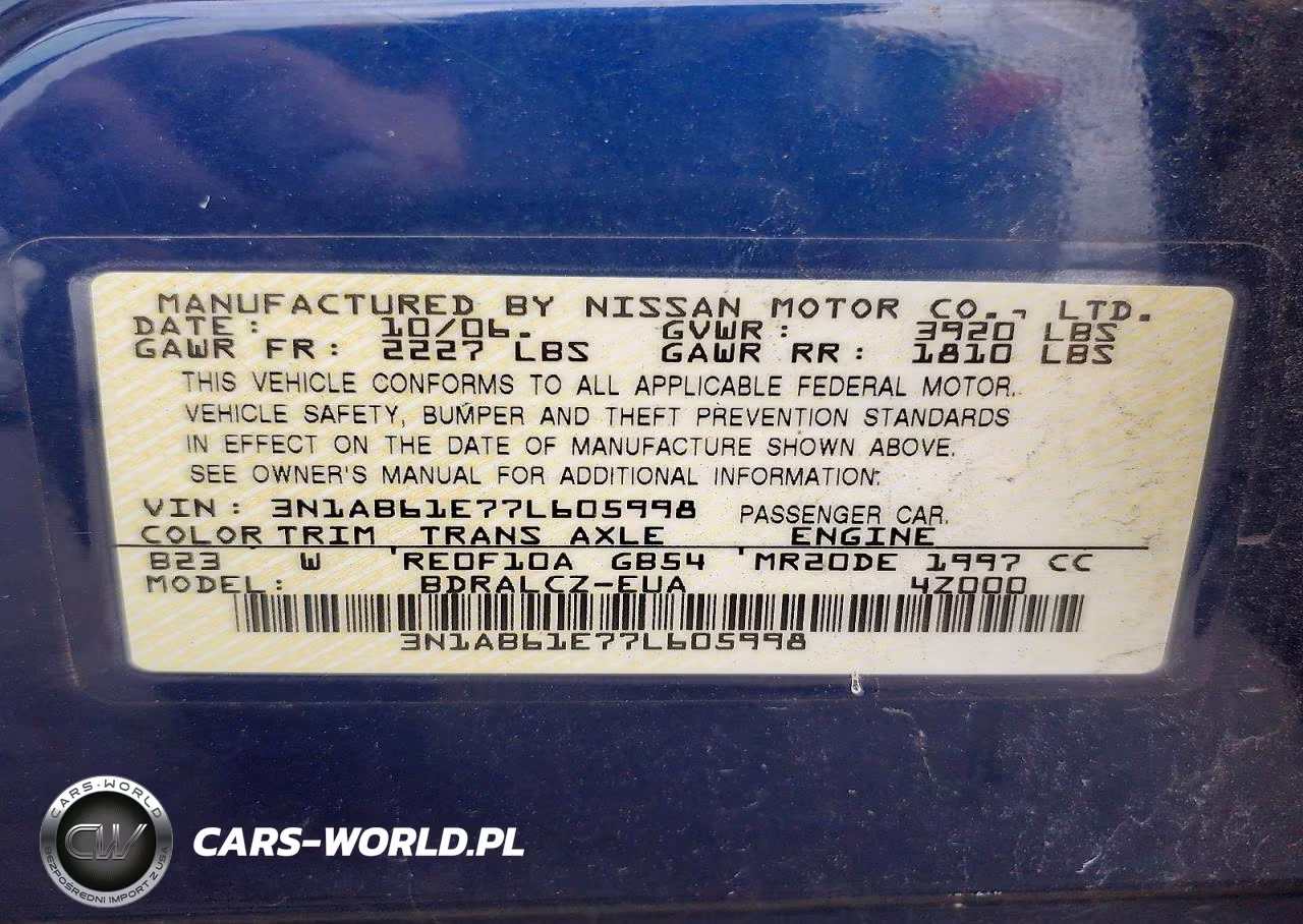 2007 Nissan Sentra 2.0 VIN:3N1AB61E77L605998 - 13