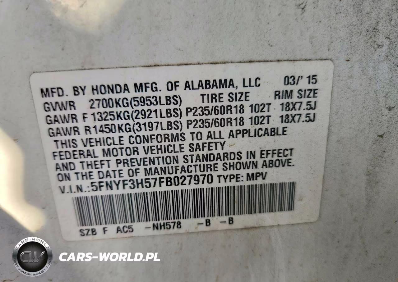 2015 Honda Pilot Exl VIN:5FNYF3H57FB027970 - 14