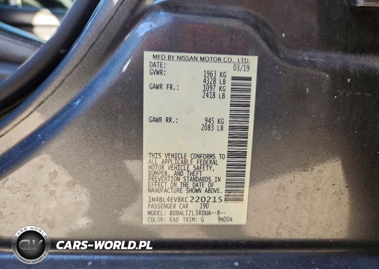 2019 Nissan Altima Sl VIN:1N4BL4EV8KC220215 - 12