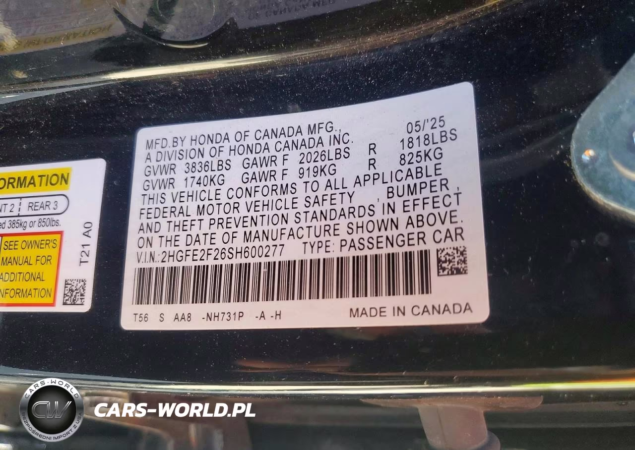 2025 Honda Civic Lx VIN:2HGFE2F26SH600277 - 12