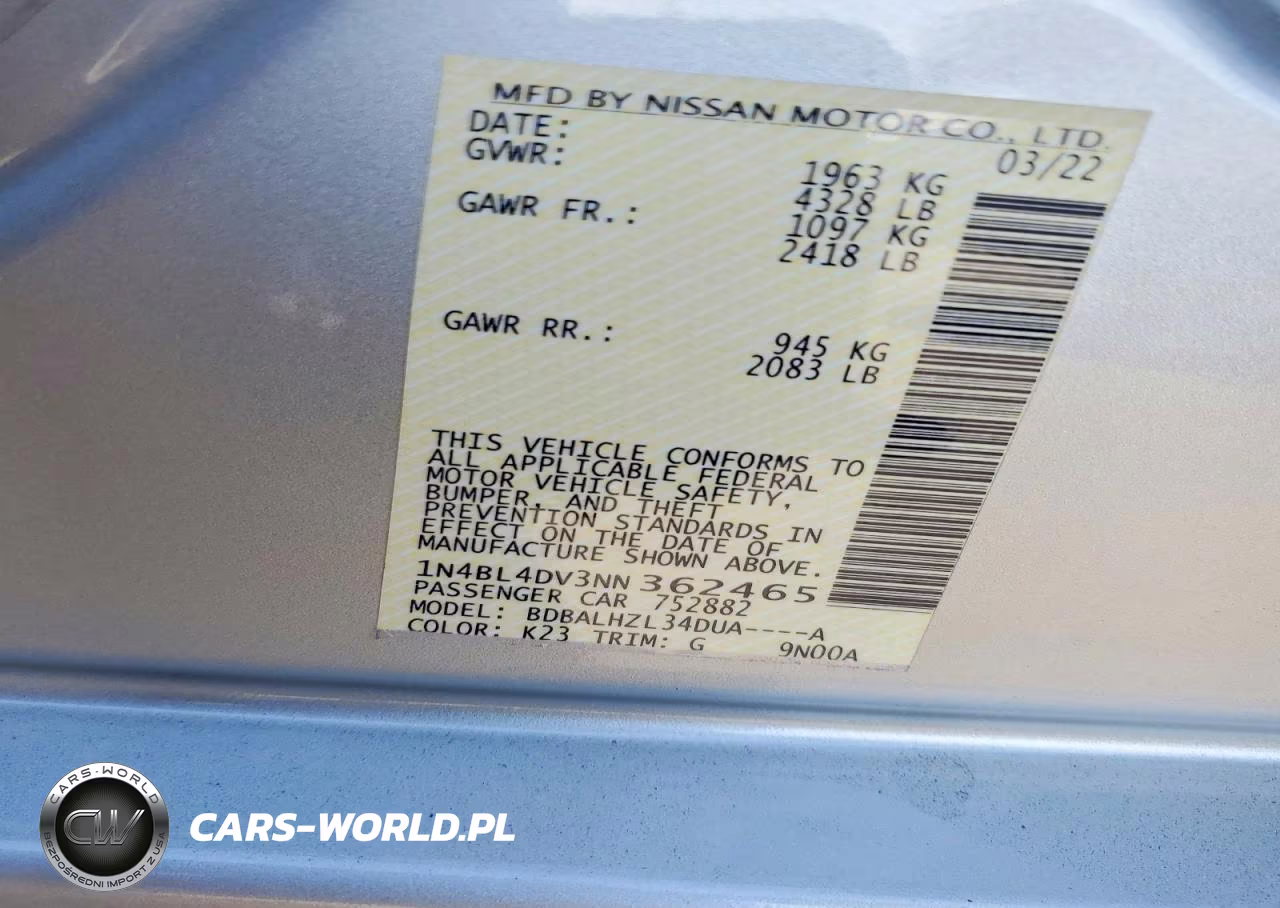 2022 Nissan Altima Sv VIN:1N4BL4DV3NN362465 - 12