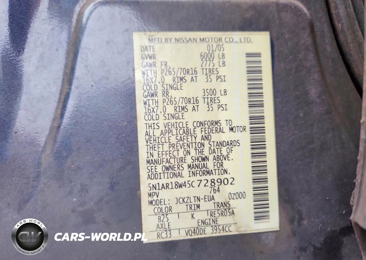 2005 Nissan Pathfinder Xe VIN:5N1AR18W45C728902 - 13