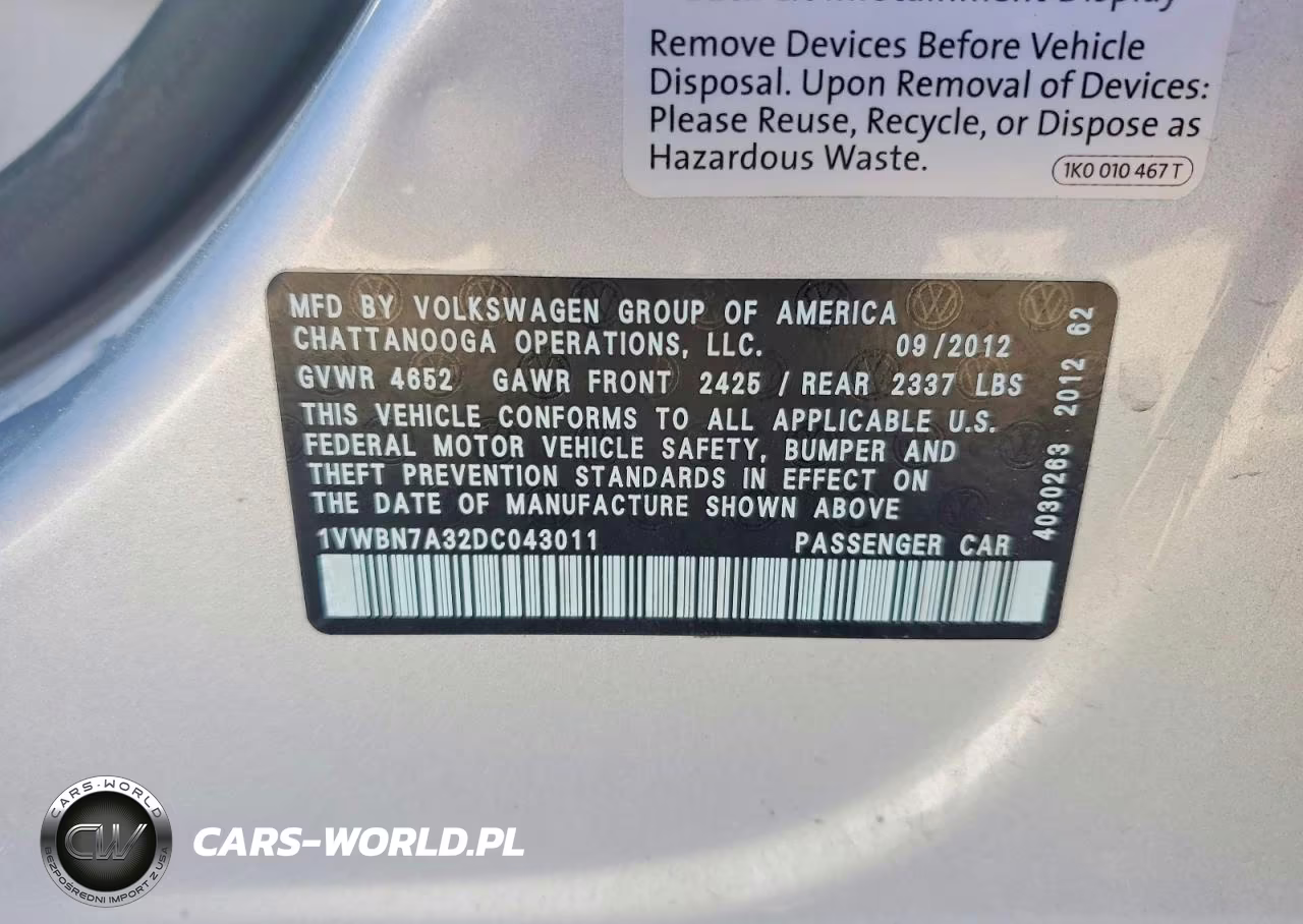 2013 Volkswagen Passat Se VIN:1VWBN7A32DC043011 - 12