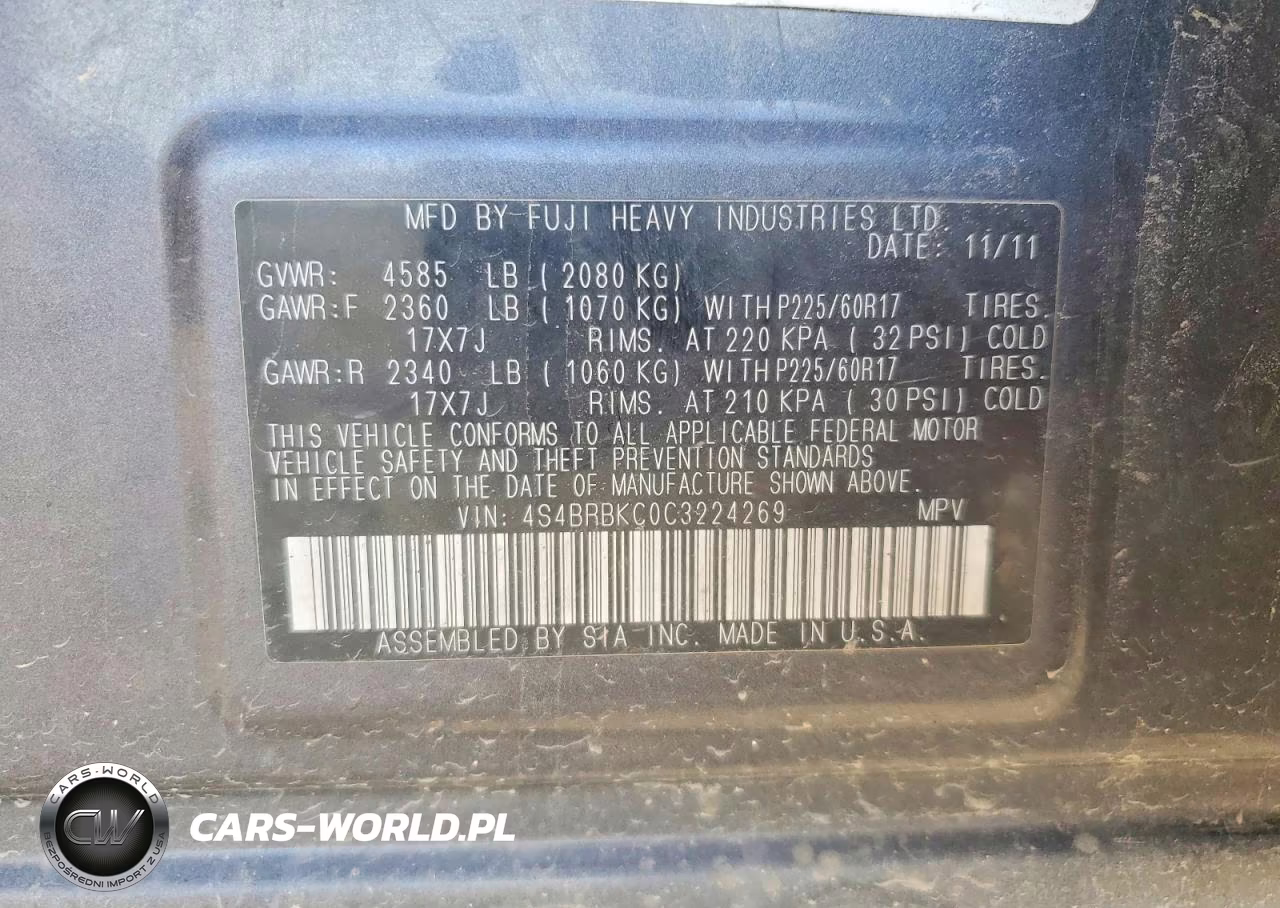 2012 Subaru Outback 2.5I Limited VIN:4S4BRBKC0C3224269 - 12