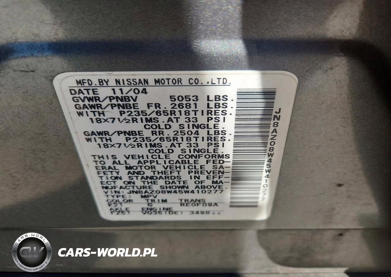 2005 Nissan Murano S VIN:JN8AZ08W45W410277 - 13