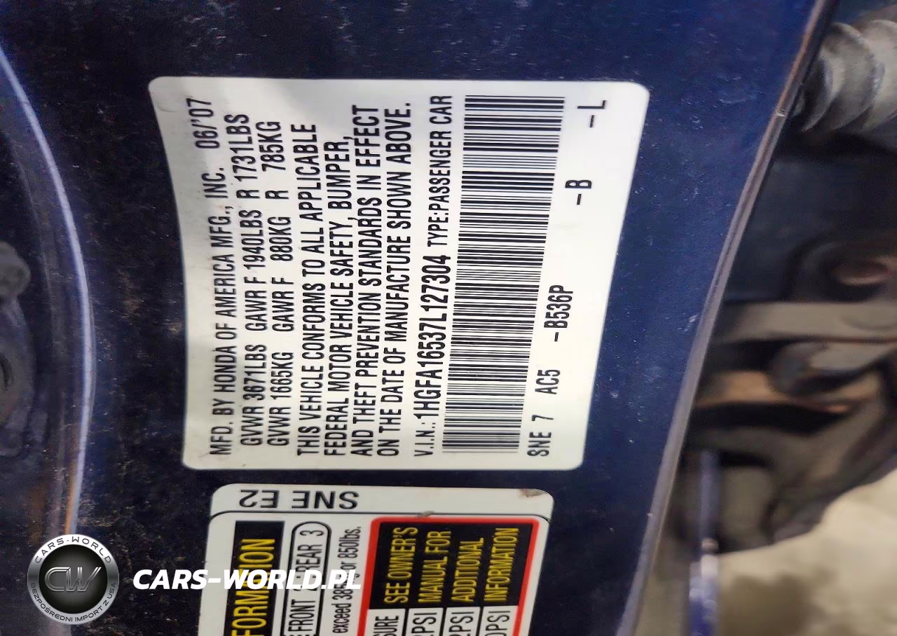 2007 Honda Civic Lx VIN:1HGFA16537L127304 - 12