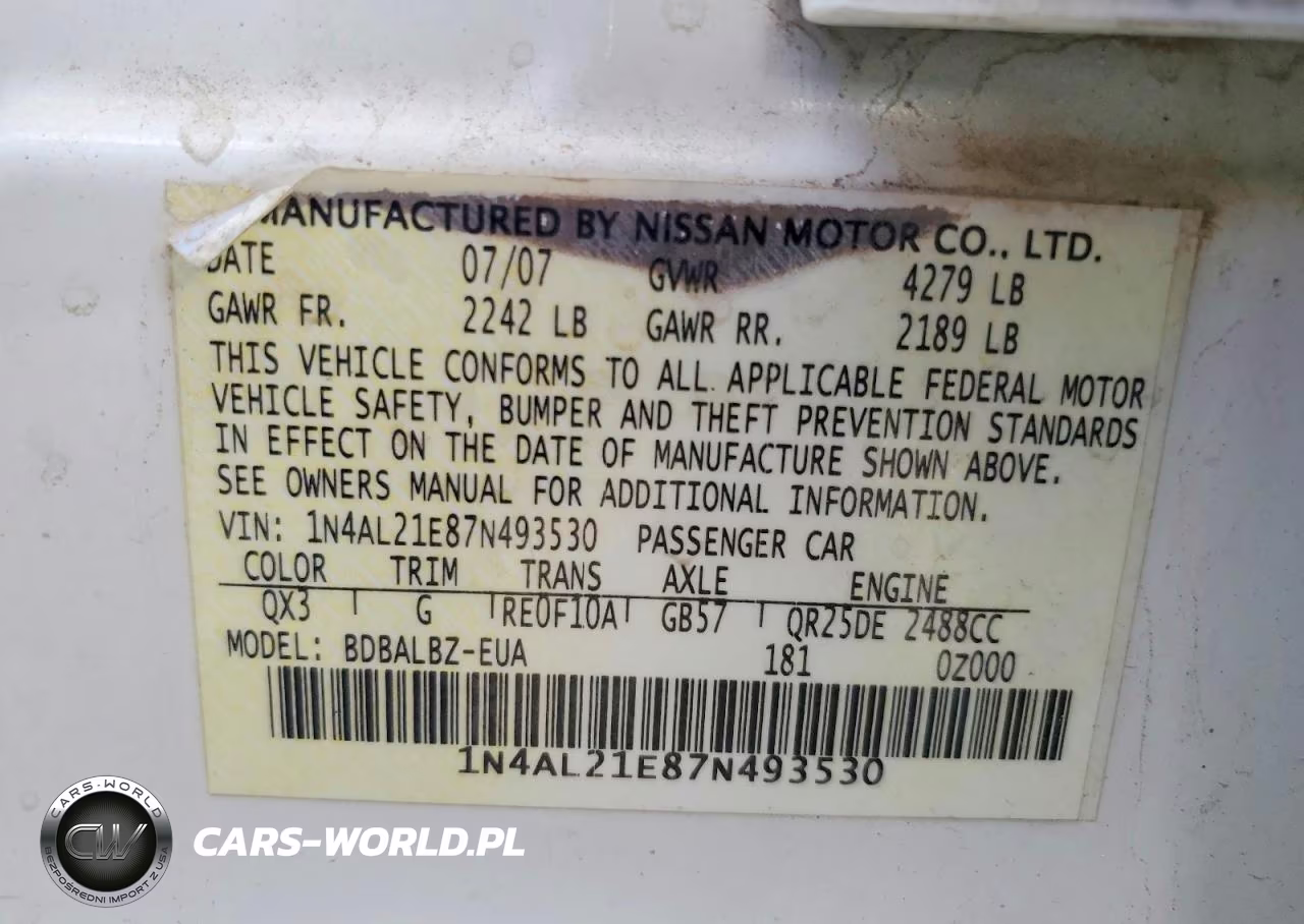 2007 Nissan Altima 2.5 VIN:1N4AL21E87N493530 - 12