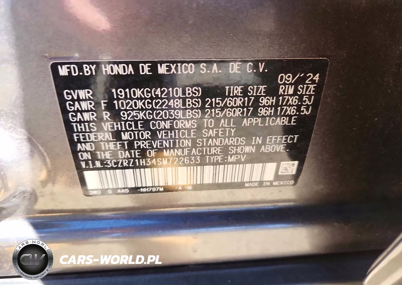 2025 Honda Hr-V Lx VIN:3CZRZ1H34SM722633 - 13