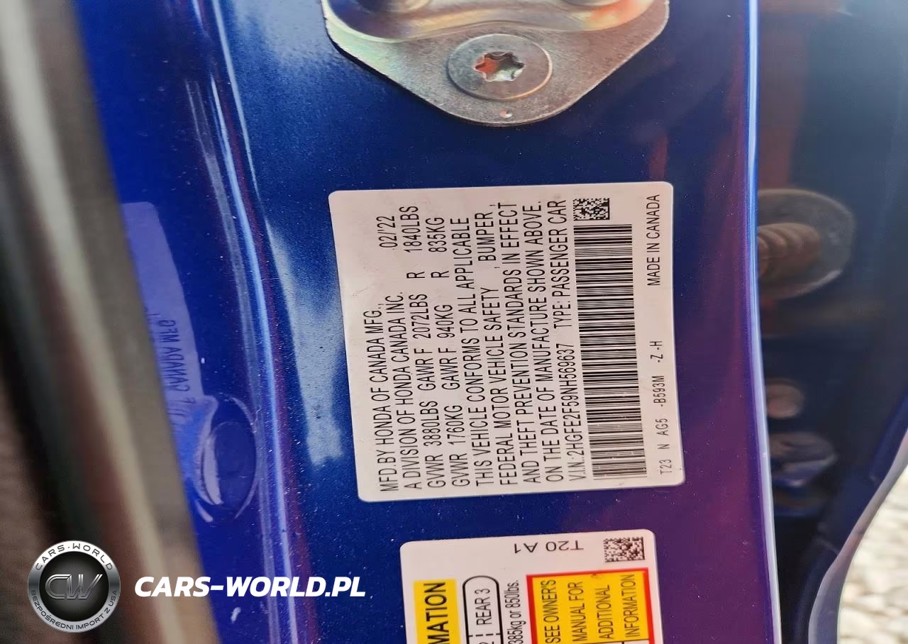 2022 Honda Civic Sport VIN:2HGFE2F59NH569637 - 12