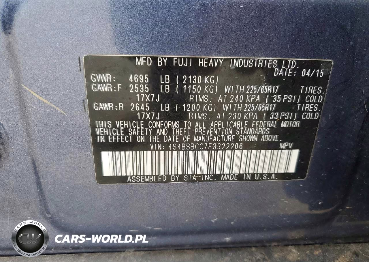 2015 Subaru Outback 2.5I Premium VIN:4S4BSBCC7F3322206 - 13
