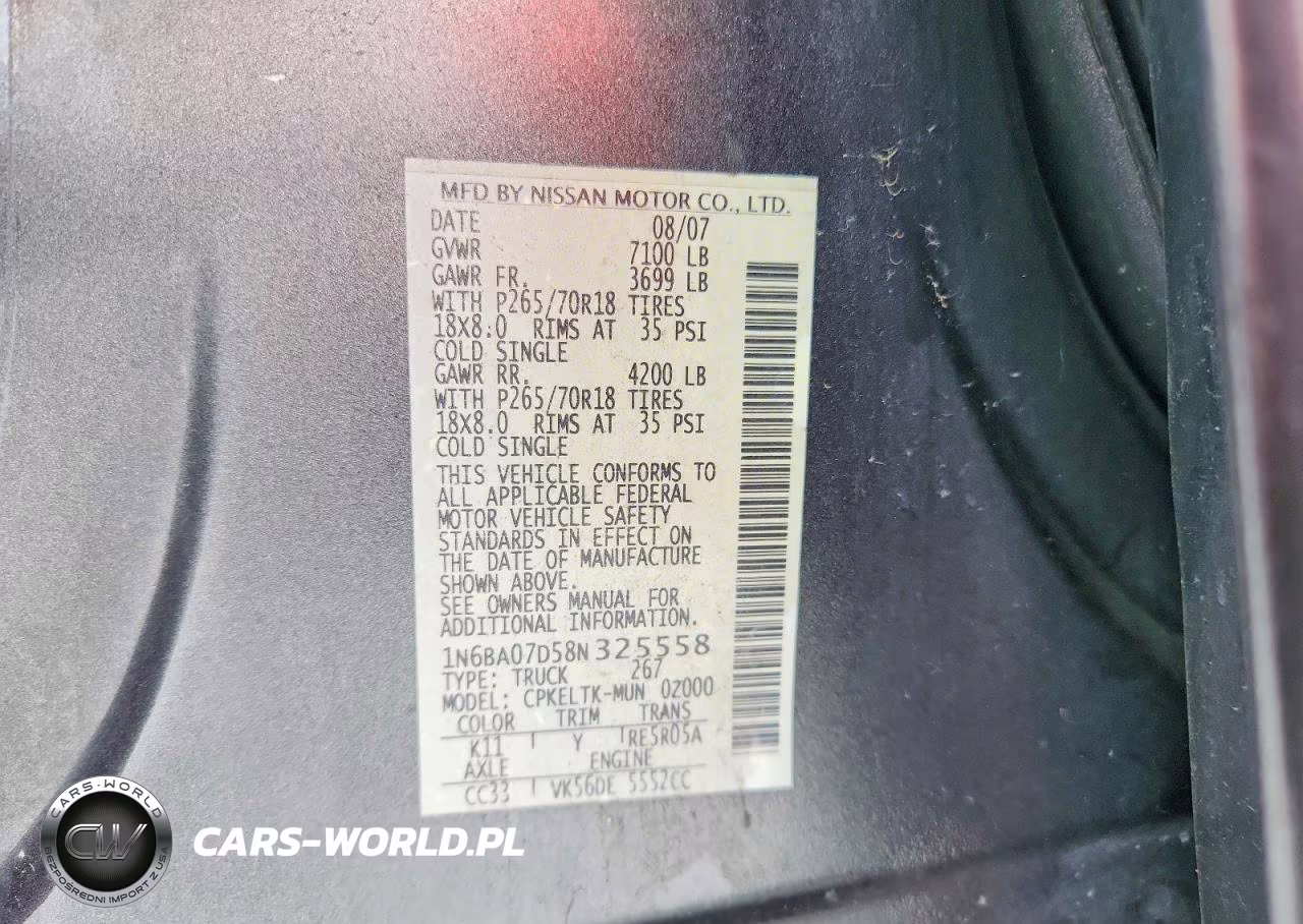 2008 Nissan Titan Xe Ffv VIN:1N6BA07D58N325558 - 13
