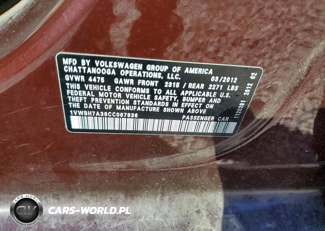 2012 Volkswagen Passat Se VIN:1VWBH7A38CC067836 - 12