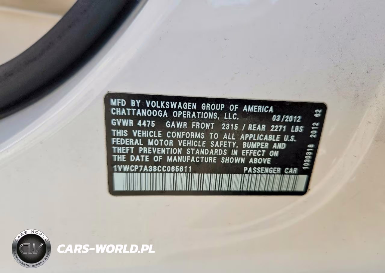 2012 Volkswagen Passat Sel VIN:1VWCP7A38CC065611 - 12