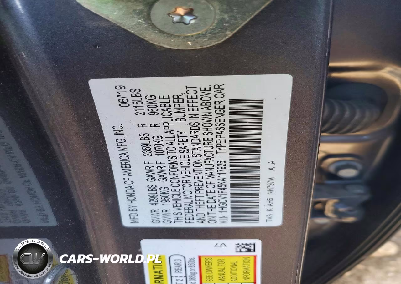 2019 Honda Accord Ex VIN:1HGCV1F45KA117926 - 12