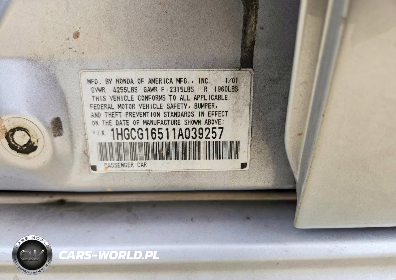 2001 Honda Accord Ex VIN:1HGCG16511A039257 - 12