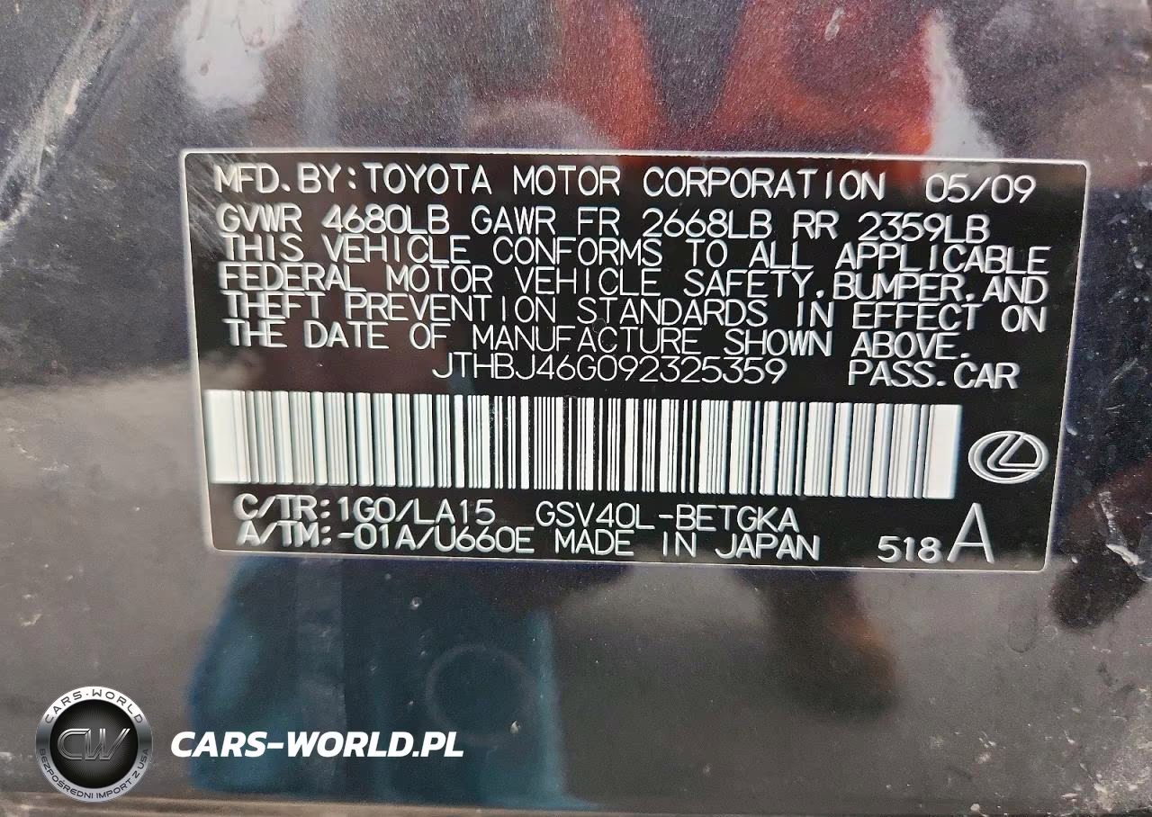 2009 Lexus Es 350 VIN:JTHBJ46G092325359 - 12