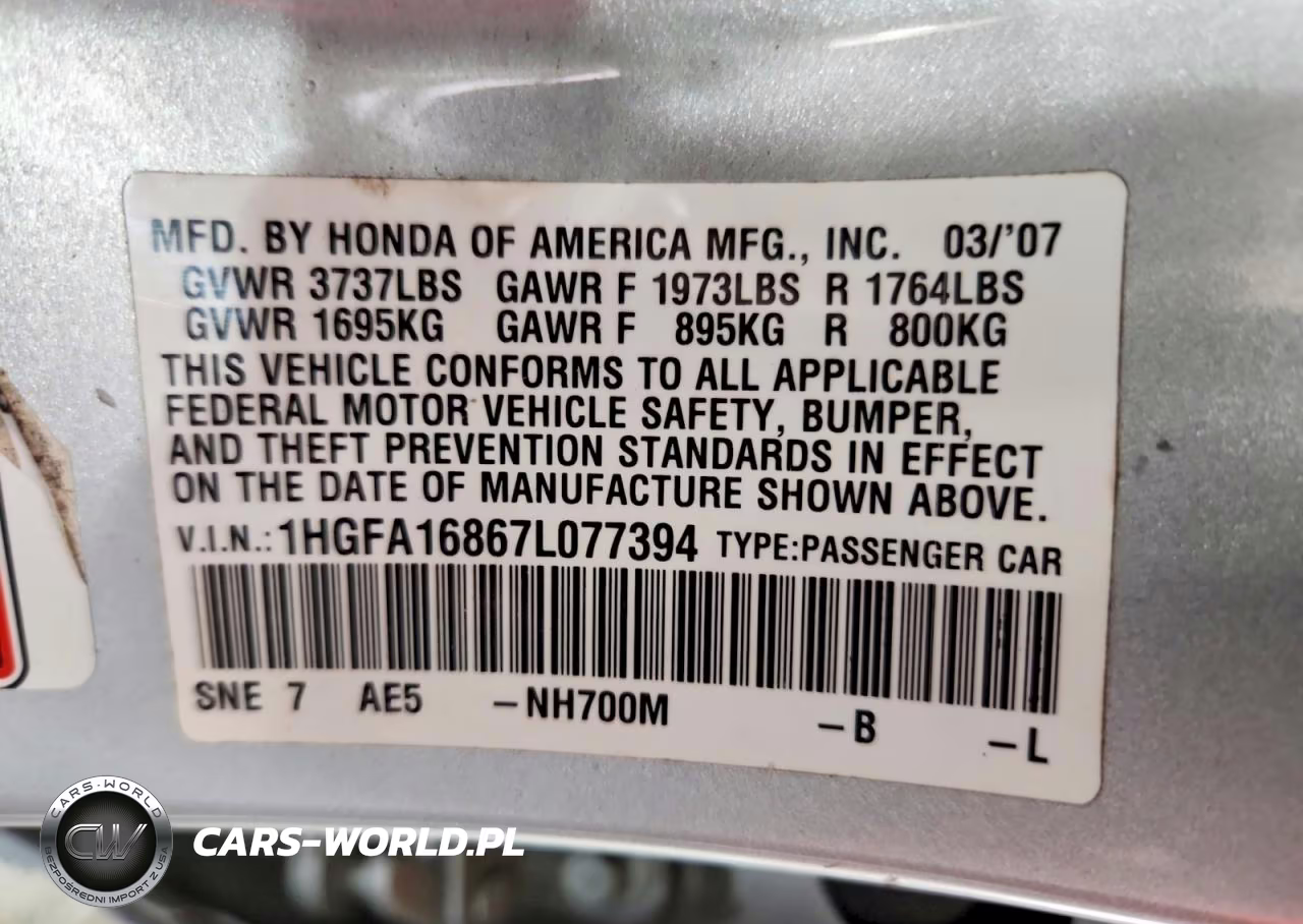 2007 Honda Civic Ex VIN:1HGFA16867L077394 - 13