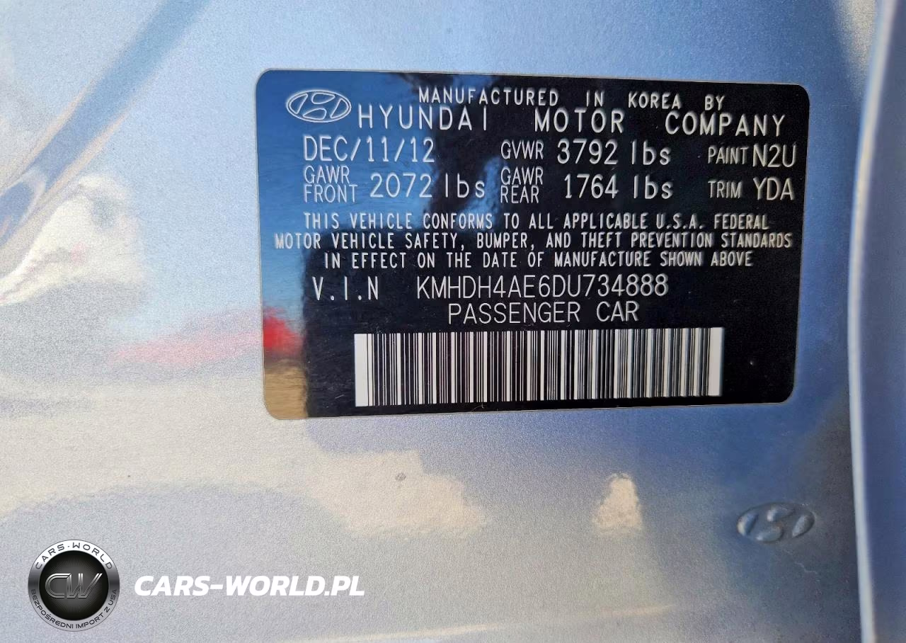 HYUNDAI ELANTRA GL VIN:KMHDH4AE6DU734888 - 12