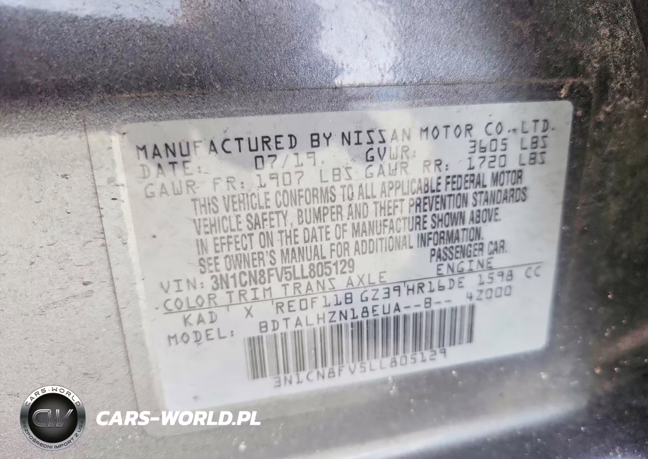 2020 Nissan Versa Sr VIN:3N1CN8FV5LL805129 - 12