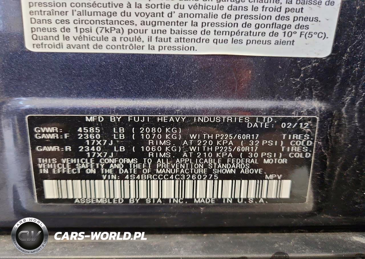 2012 Subaru Outback 2.5I Premium VIN:4S4BRCCC4C3260275 - 14