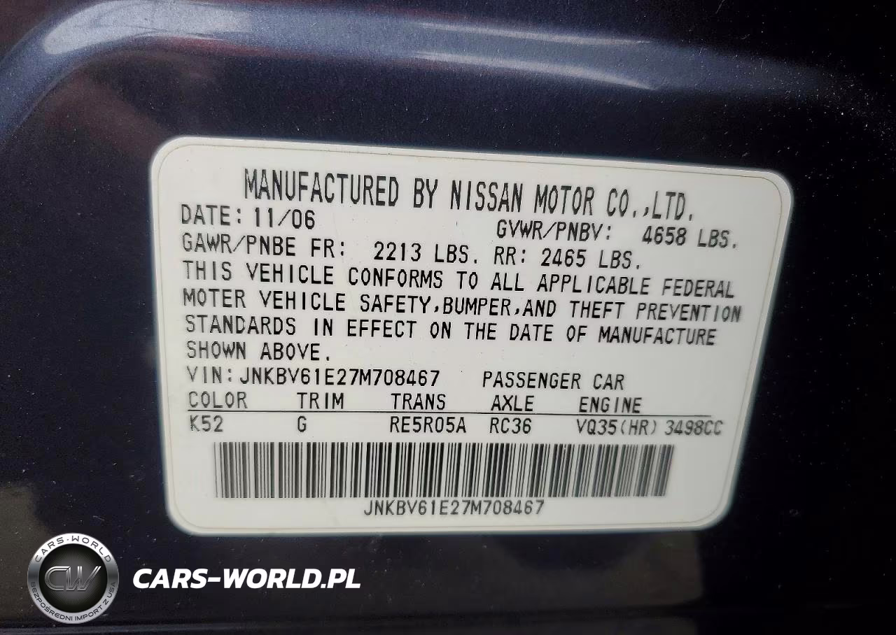 2007 Infiniti G35 Base VIN:JNKBV61E27M708467 - 12