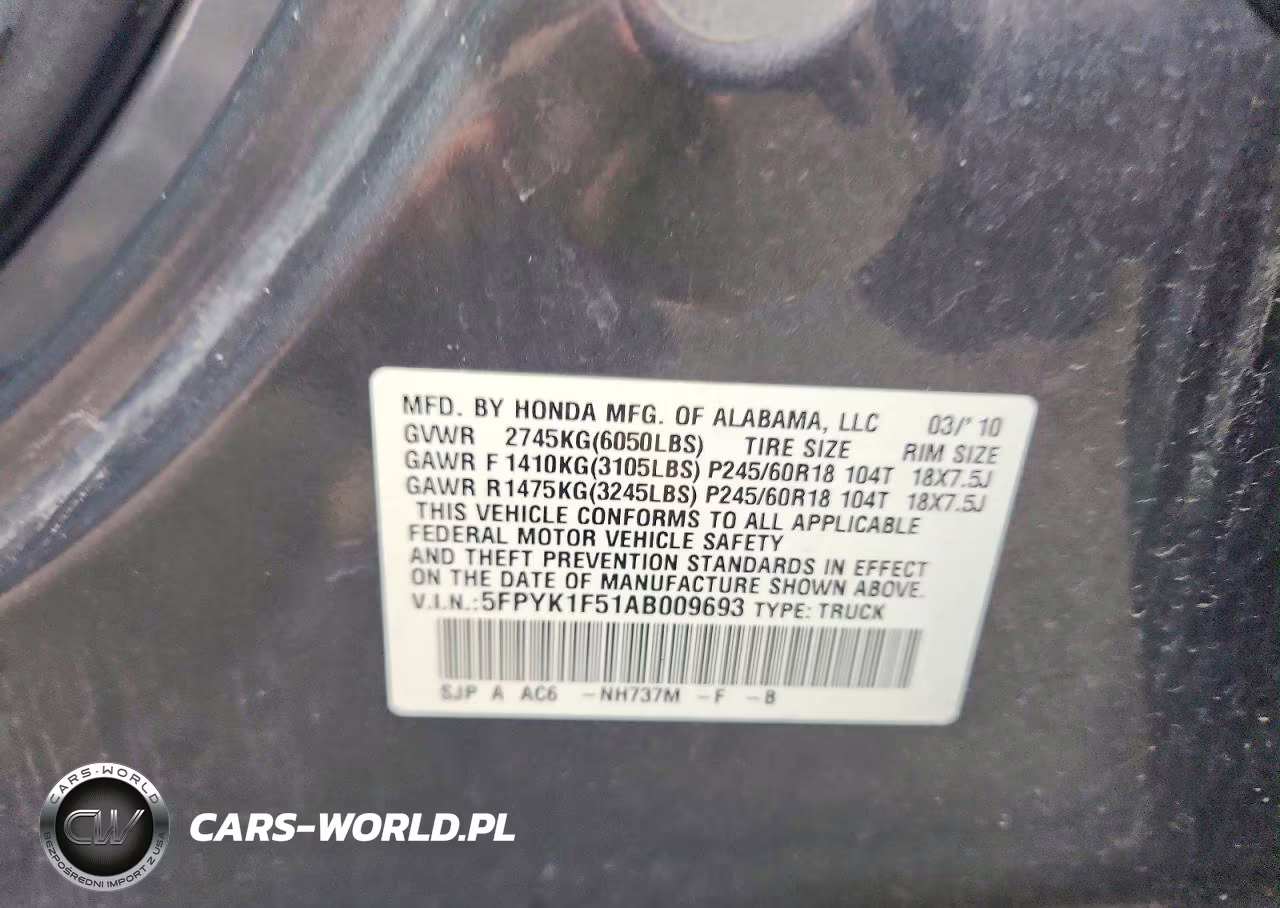 2010 Honda Ridgeline Rtl VIN:5FPYK1F51AB009693 - 12