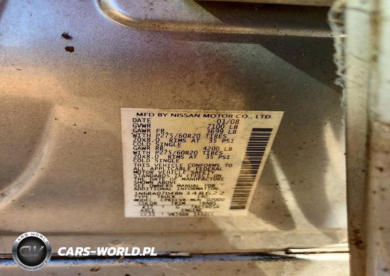 2008 Nissan Titan Xe Ffv VIN:1N6BA07D48N348622 - 12