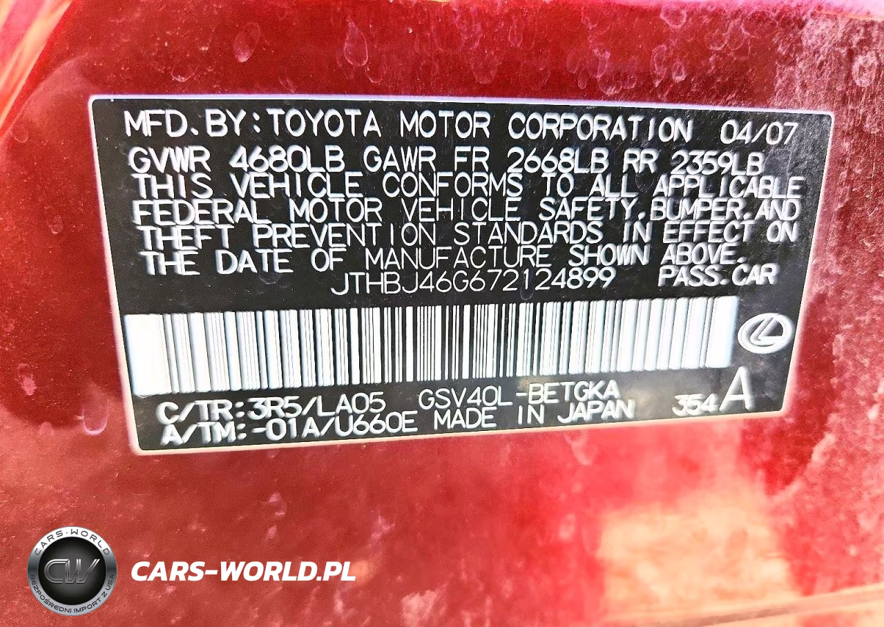 2007 Lexus Es 350 VIN:JTHBJ46G672124899 - 13