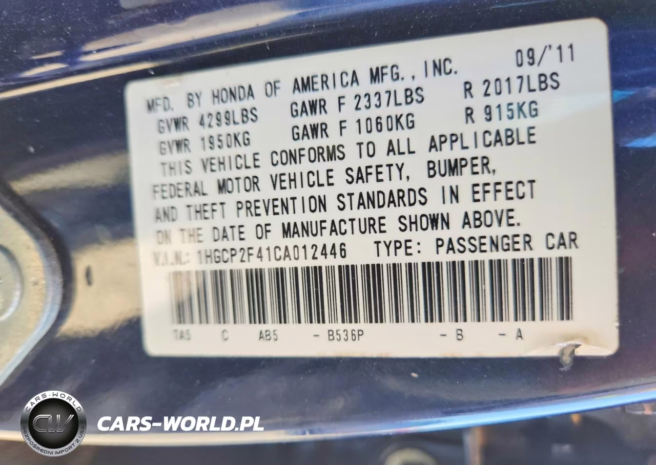 2012 Honda Accord Lxp VIN:1HGCP2F41CA012446 - 12