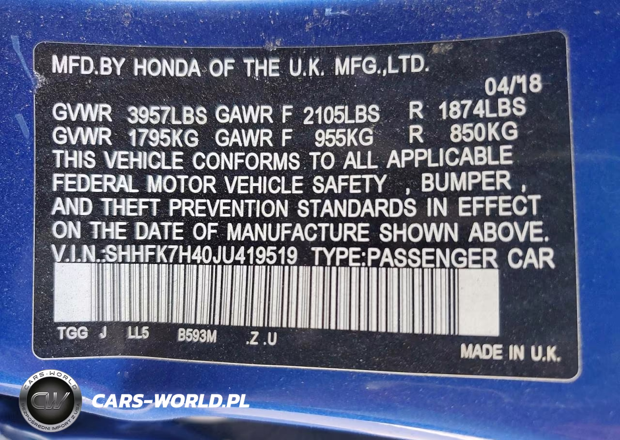 2018 Honda Civic Sport VIN:SHHFK7H40JU419519 - 13