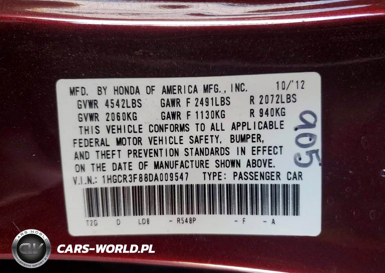 2013 Honda Accord Exl VIN:1HGCR3F88DA009547 - 12
