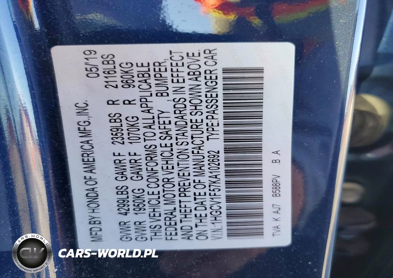 2019 Honda Accord Exl VIN:1HGCV1F57KA102692 - 13