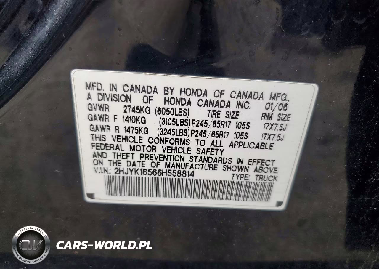 2006 Honda Ridgeline Rtl VIN:2HJYK16566H558814 - 12