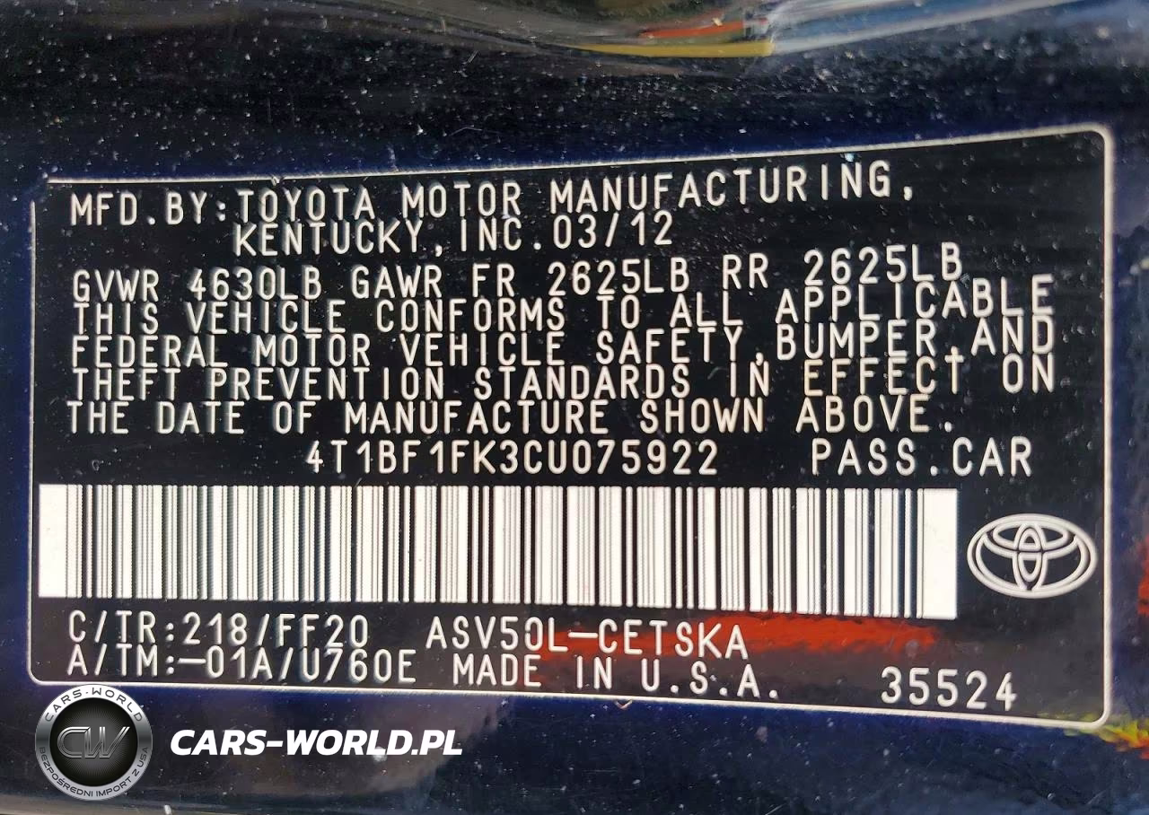 2012 Toyota Camry Se VIN:4T1BF1FK3CU075922 - 12