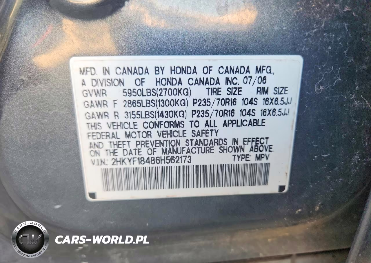 2006 Honda Pilot Ex VIN:2HKYF18486H562173 - 13