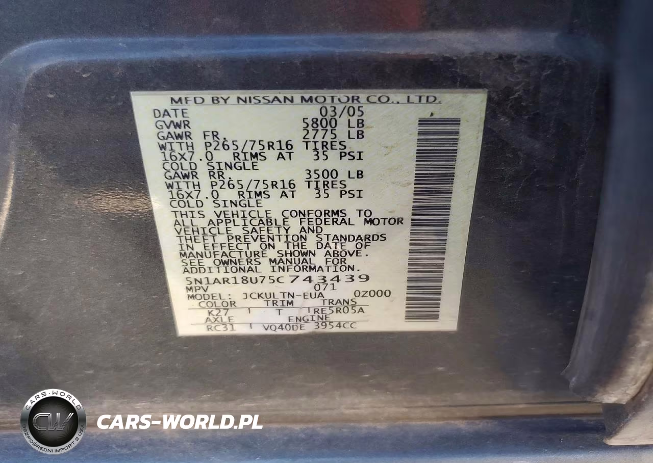 2005 Nissan Pathfinder Xe VIN:5N1AR18U75C743439 - 13