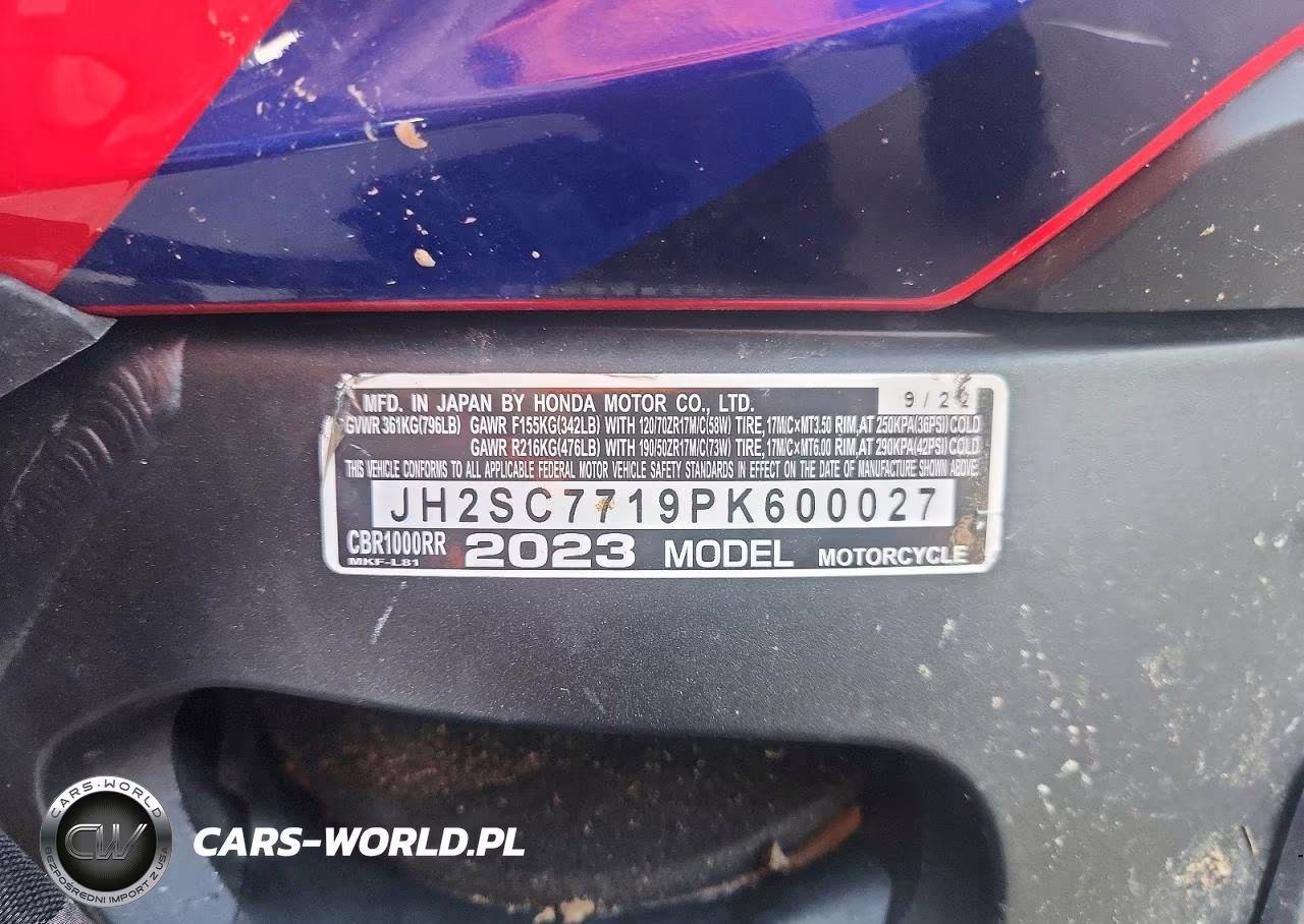 2023 Honda Cbr1000 Rr VIN:JH2SC7719PK600027 - 9