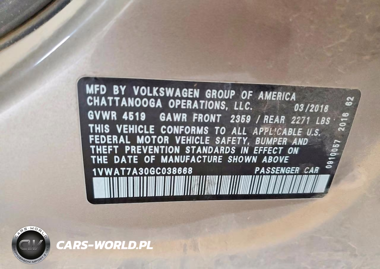 2016 Volkswagen Passat S VIN:1VWAT7A30GC038668 - 12