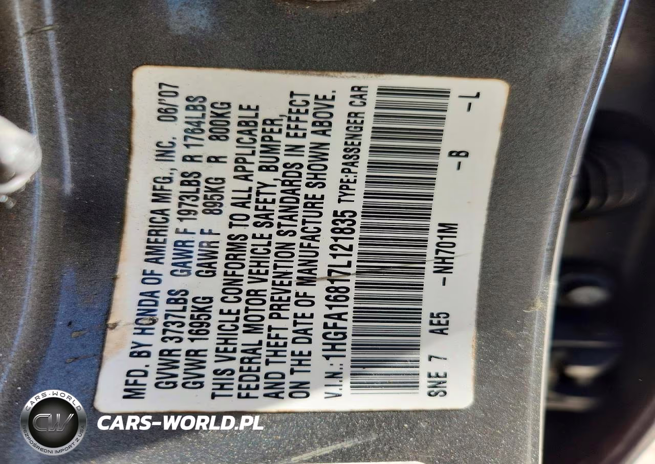 2007 Honda Civic Ex VIN:1HGFA16817L121835 - 12