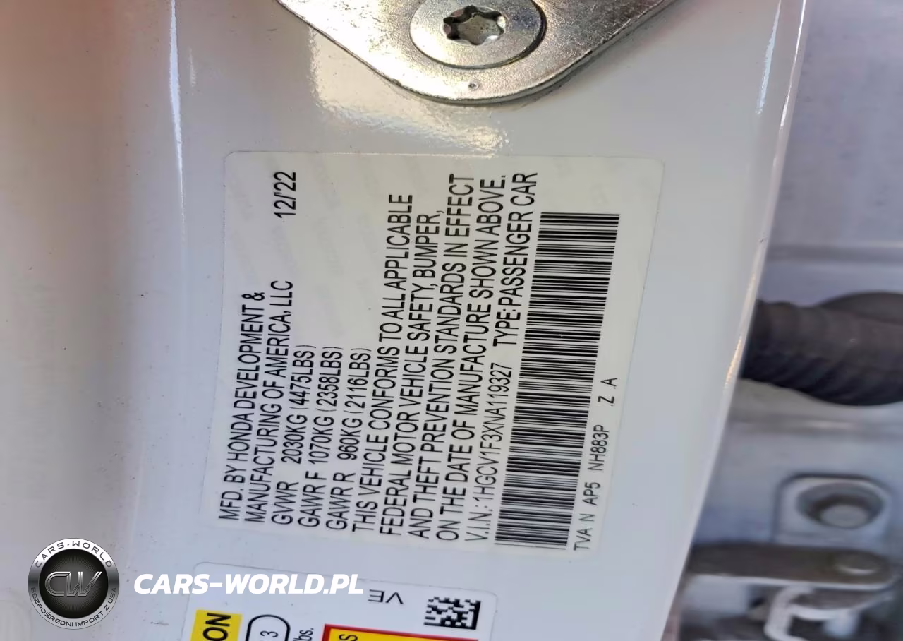 2022 Honda Accord Sport VIN:1HGCV1F3XNA119327 - 12