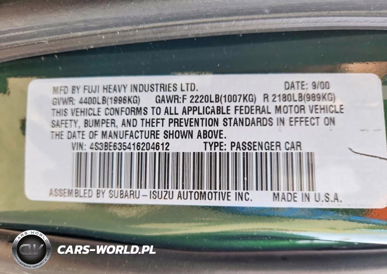 2001 Subaru Legacy L VIN:4S3BE635416204612 - 13