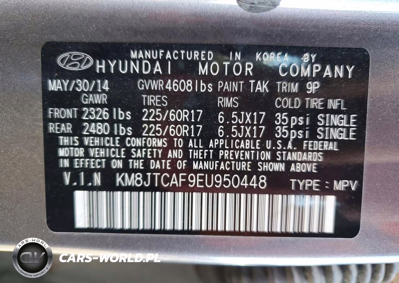 2014 Hyundai Tucson Gls VIN:KM8JTCAF9EU950448 - 13
