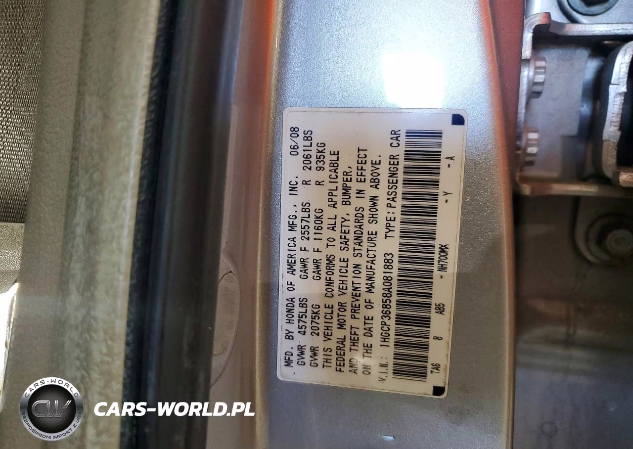 2008 Honda Accord Exl VIN:1HGCP36858A081883 - 12