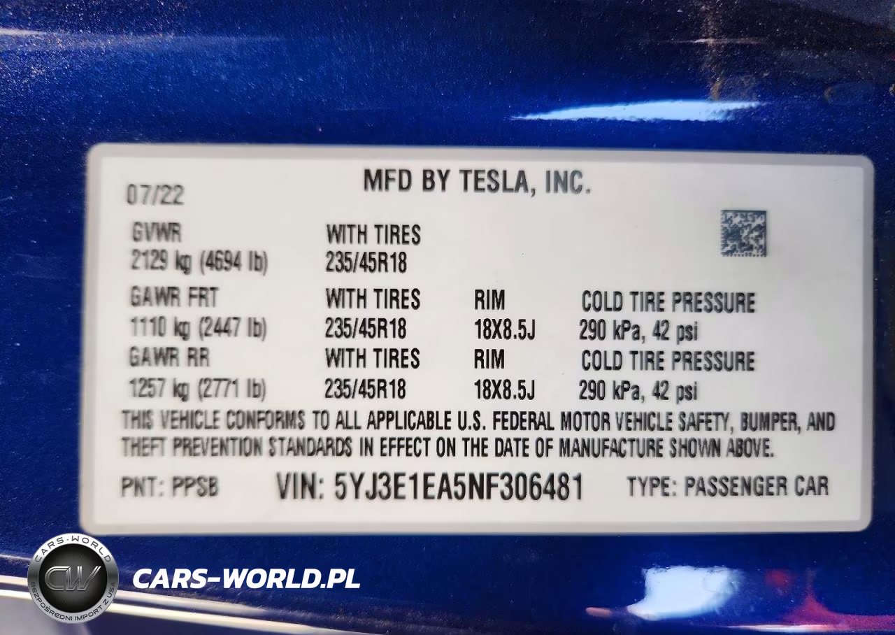 2022 Tesla Model 3 VIN:5YJ3E1EA5NF306481 - 12