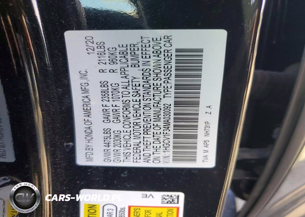 2021 Honda Accord Sport VIN:1HGCV1F34MA030092 - 12
