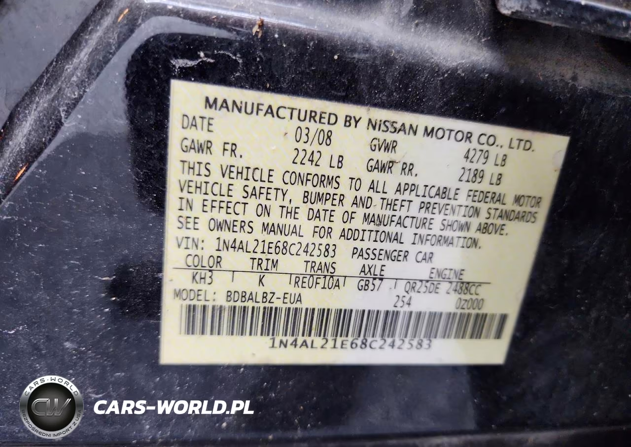 2008 Nissan Altima 2.5 VIN:1N4AL21E68C242583 - 12